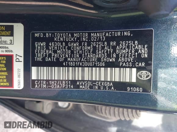 2013 Toyota Camry XLE with VIN 4T1BD1FK3DU071506, listed as a IAAI auction lot 43152057 with 223,706 mi miles and . Bid and sale history available at DreamBid. Image 9.
