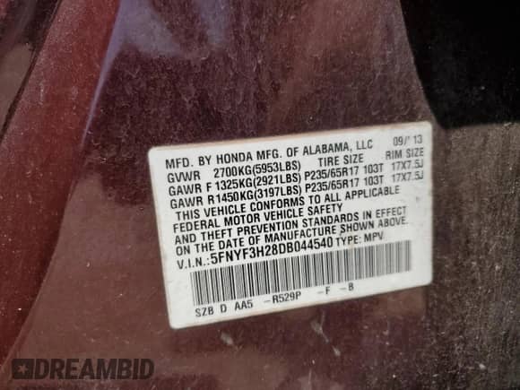 2013 Honda Pilot LX with VIN 5FNYF3H28DB044540, listed as a Copart auction lot 68875965 with Not provided miles and Salvage title. Bid and sale history available at DreamBid. Image 13.
