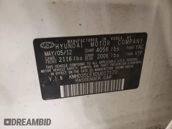 2013 Hyundai Elantra with VIN KMHD35LEXDU017170, listed as a Copart auction lot 56712175 with Not provided miles and Non repairable. Bid and sale history available at DreamBid. Image 12.