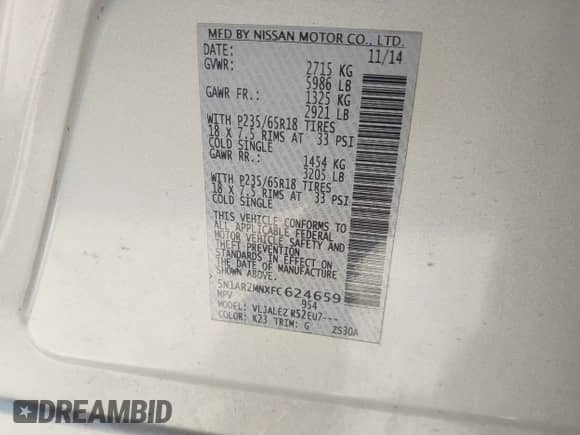 2015 Nissan Pathfinder S с VIN 5N1AR2MNXFC624659, выставлен на аукционе IAAI как лот 42033206 с пробегом 170 773 миль миль и . История ставок и продаж доступна на DreamBid. Изображение 9.