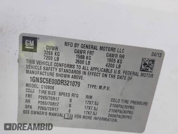 2013 Chevrolet Suburban с VIN 1GNSC5E00DR321079, выставлен на аукционе IAAI как лот 42835120 с пробегом 210 182 миль миль и . История ставок и продаж доступна на DreamBid. Изображение 9.