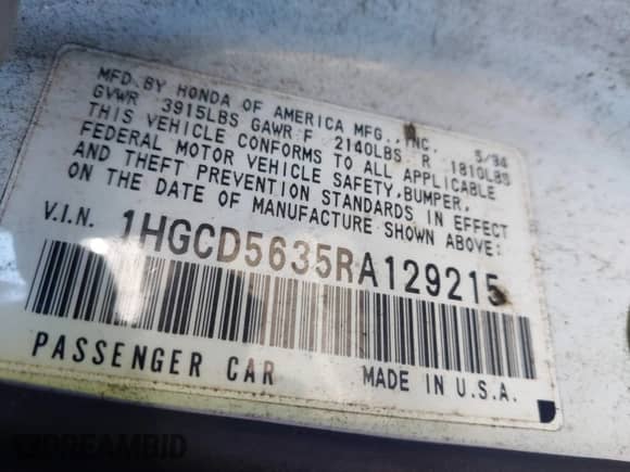 1994 Honda Accord LX с VIN 1HGCD5635RA129215, выставлен на аукционе IAAI как лот 43467262 с пробегом 214 151 миль миль и . История ставок и продаж доступна на DreamBid. Изображение 9.