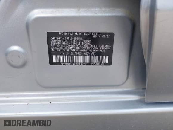 2012 Subaru Impreza Limited with VIN JF1GJAH60CH025793, listed as a IAAI auction lot 42175455 with 131,199 mi miles and . Bid and sale history available at DreamBid. Image 9.