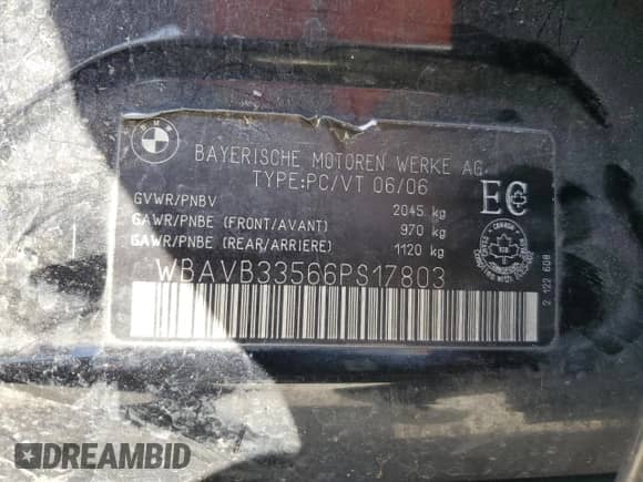 2006 BMW 3 Series 330i с VIN WBAVB33566PS17803, выставлен на аукционе Copart как лот 84403875 с пробегом Не указан миль и Списание • Salvage title. История ставок и продаж доступна на DreamBid. Изображение 12.