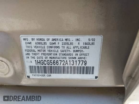 2002 Honda Accord EX with VIN 1HGCG56672A131779, listed as a IAAI auction lot 42804619 with 207,365 mi miles and . Bid and sale history available at DreamBid. Image 9.