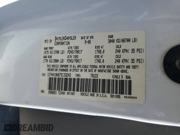2007 Dodge 1500 SLT with VIN 1D7HA18N67S133243, listed as a Copart auction lot 66956965 with 169,924 mi miles and Salvage title. Bid and sale history available at DreamBid. Image 12.