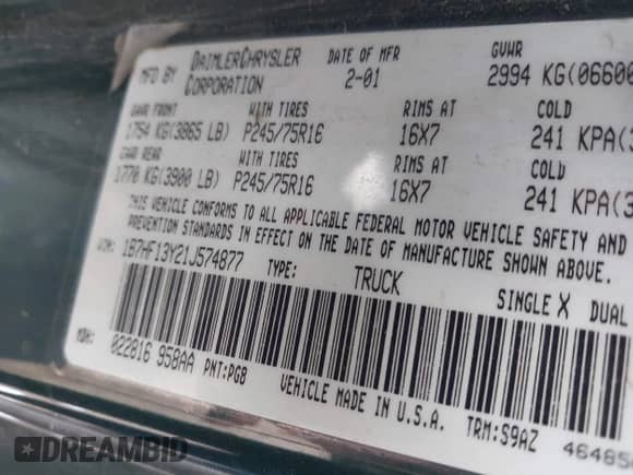 2001 Dodge 1500 с VIN 1B7HF13Y21J574877, выставлен на аукционе IAAI как лот 41568293 с пробегом 181 504 миль миль и . История ставок и продаж доступна на DreamBid. Изображение 9.