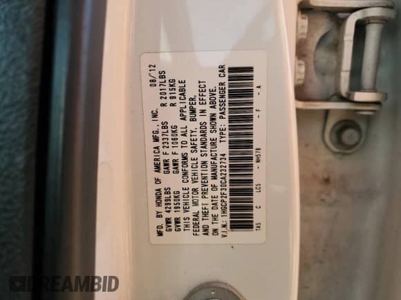 2012 Honda Accord LX с VIN 1HGCP2F30CA232734, выставлен на аукционе Copart как лот 80159735 с пробегом 105 999 миль миль и Списание • Salvage title. История ставок и продаж доступна на DreamBid. Изображение 13.