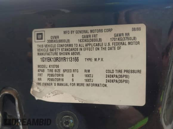 2000 Cadillac Escalade with VIN 1GYEK13R3YR113166, listed as a IAAI auction lot 42847629 with 156,127 mi miles and . Bid and sale history available at DreamBid. Image 9.