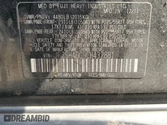 2012 Subaru Forester X Premium z VIN JF2SHADC9CH432881, wystawiony jako Copart lot #66683885 z przebiegiem 187 634 mil mil oraz Szkoda całkowita • Salvage title. Historia ofert i sprzedaży dostępna na DreamBid. Obrazek 13.