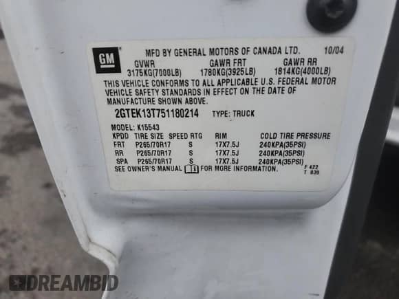 2005 GMC Sierra 1500 SLE z VIN 2GTEK13T751180214, wystawiony jako Copart lot #84294625 z przebiegiem 174 546 mil mil oraz Czysty tytuł • Clean title. Historia ofert i sprzedaży dostępna na DreamBid. Obrazek 12.