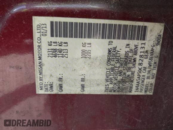 2013 Nissan Maxima SV z VIN 1N4AA5AP5DC828131, wystawiony jako IAAI lot #42456653 z przebiegiem 282 462 mil mil oraz . Historia ofert i sprzedaży dostępna na DreamBid. Obrazek 9.