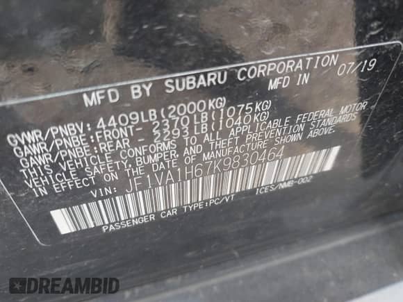 2019 Subaru WRX Limited with VIN JF1VA1H67K9830464, listed as a IAAI auction lot 42909000 with 57,670 mi miles and . Bid and sale history available at DreamBid. Image 9.