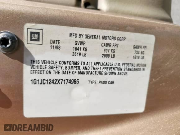 1999 Chevrolet Cavalier with VIN 1G1JC1242X7174986, listed as a Copart auction lot 68677515 with 188,581 mi miles and Clean title. Bid and sale history available at DreamBid. Image 12.