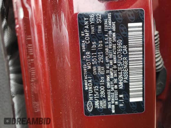 2015 Hyundai Genesis 3.8L z VIN KMHGN4JE5FU076960, wystawiony jako Copart lot #60726414 z przebiegiem Nie podano mil oraz Szkoda całkowita • Salvage title. Historia ofert i sprzedaży dostępna na DreamBid. Obrazek 12.