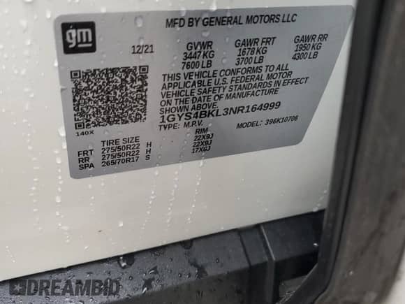 2022 Cadillac Escalade Premium Luxury с VIN 1GYS4BKL3NR164999, выставлен на аукционе Copart как лот 58035295 с пробегом 42 871 миль миль и Списание • Salvage title. История ставок и продаж доступна на DreamBid. Изображение 14.