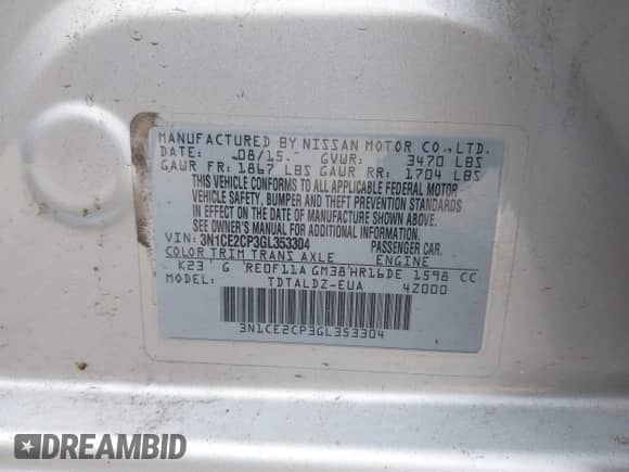 2016 Nissan Note S with VIN 3N1CE2CP3GL353304, listed as a IAAI auction lot 42917939 with 124,457 mi miles and . Bid and sale history available at DreamBid. Image 9.