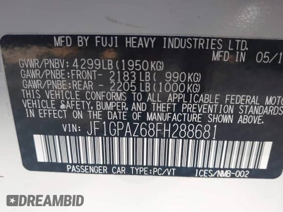 2015 Subaru Impreza Special Sports Limited z VIN JF1GPAZ68FH288681, wystawiony jako IAAI lot #42975431 z przebiegiem 92 414 mil mil oraz . Historia ofert i sprzedaży dostępna na DreamBid. Obrazek 9.