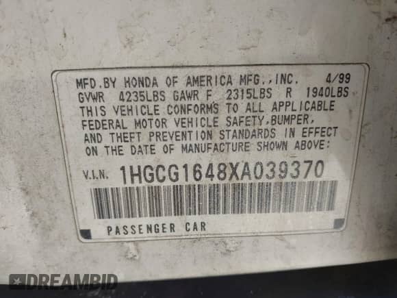 1999 Honda Accord LX with VIN 1HGCG1648XA039370, listed as a IAAI auction lot 42877965 with 260,643 mi miles and . Bid and sale history available at DreamBid. Image 9.