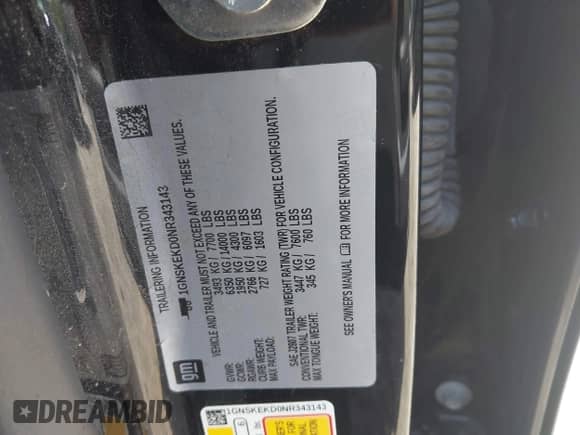 2022 Chevrolet Suburban RST с VIN 1GNSKEKD0NR343143, выставлен на аукционе IAAI как лот 42765501 с пробегом 55 236 миль миль и . История ставок и продаж доступна на DreamBid. Изображение 9.