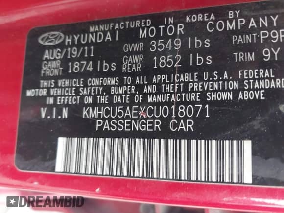 2012 Hyundai Accent SE with VIN KMHCU5AEXCU018071, listed as a IAAI auction lot 42937114 with 197,223 mi miles and . Bid and sale history available at DreamBid. Image 9.