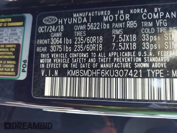 2019 Hyundai Santa Fe SE z VIN KM8SMDHF6KU307421, wystawiony jako IAAI lot #42646108 z przebiegiem 88 370 mil mil oraz . Historia ofert i sprzedaży dostępna na DreamBid. Obrazek 9.