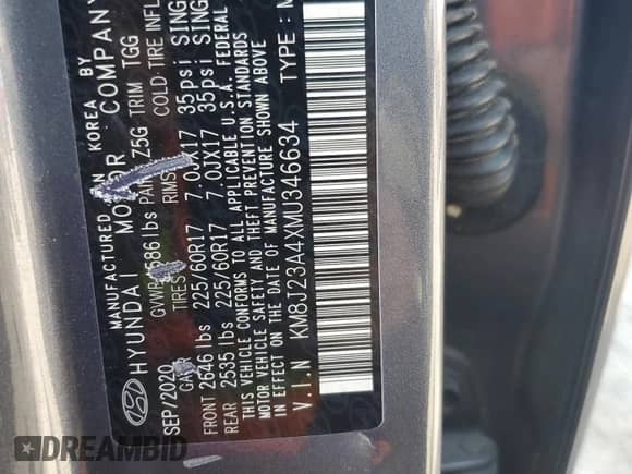 2021 Hyundai Tucson SE with VIN KM8J23A4XMU346634, listed as a Copart auction lot 65253225 with Not provided miles and Salvage title. Bid and sale history available at DreamBid. Image 14.