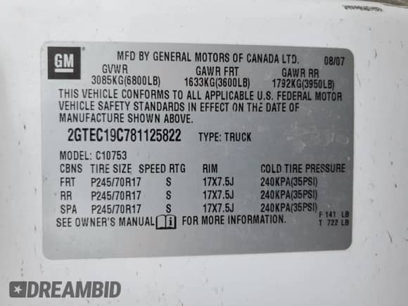 2008 GMC Sierra 1500 Work Truck with VIN 2GTEC19C781125822, listed as a Copart auction lot 71683234 with 246,362 mi miles and Salvage title. Bid and sale history available at DreamBid. Image 12.