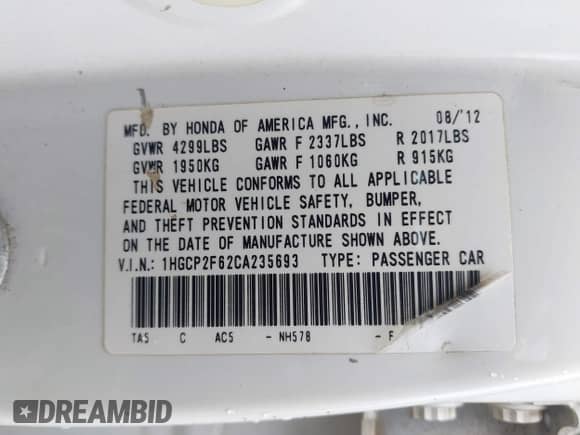 2012 Honda Accord SE z VIN 1HGCP2F62CA235693, wystawiony jako IAAI lot #41956135 z przebiegiem 230 249 mil mil oraz . Historia ofert i sprzedaży dostępna na DreamBid. Obrazek 9.