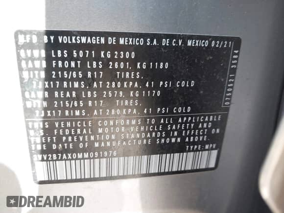 2021 Volkswagen Tiguan SE с VIN 3VV2B7AX0MM091976, выставлен на аукционе IAAI как лот 43062163 с пробегом 24 811 миль миль и . История ставок и продаж доступна на DreamBid. Изображение 9.