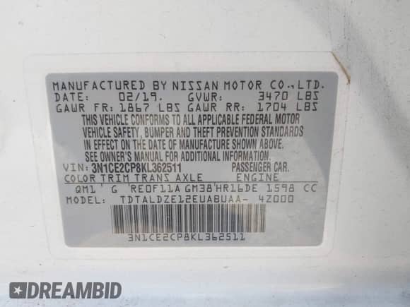 2019 Nissan Note SV с VIN 3N1CE2CP8KL362511, выставлен на аукционе IAAI как лот 42773878 с пробегом 241 547 миль миль и . История ставок и продаж доступна на DreamBid. Изображение 9.