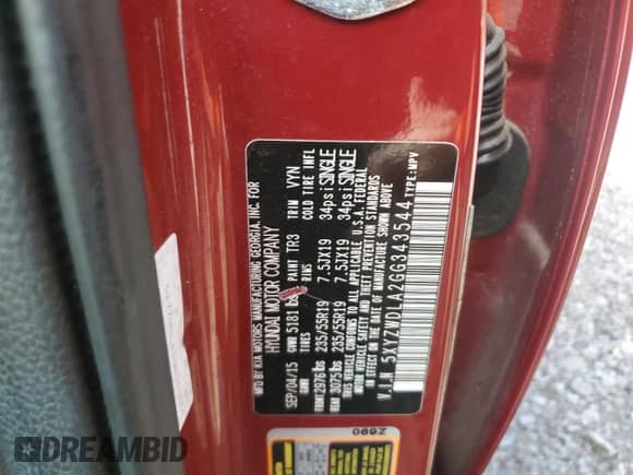2016 Hyundai Santa Fe с VIN 5XYZWDLA2GG343544, выставлен на аукционе Copart как лот 84385515 с пробегом 57 397 миль миль и Списание • Salvage title. История ставок и продаж доступна на DreamBid. Изображение 14.