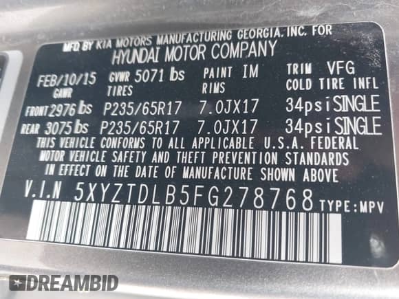 2015 Hyundai Santa Fe with VIN 5XYZTDLB5FG278768, listed as a IAAI auction lot 43264250 with 167,849 mi miles and . Bid and sale history available at DreamBid. Image 9.