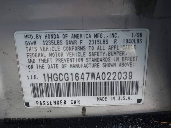 1998 Honda Accord LX z VIN 1HGCG1647WA022039, wystawiony jako IAAI lot #41383541 z przebiegiem 209 295 mil mil oraz . Historia ofert i sprzedaży dostępna na DreamBid. Obrazek 9.