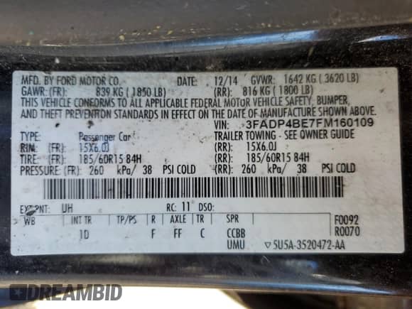 2015 Ford Fiesta SE z VIN 3FADP4BE7FM160109, wystawiony jako Copart lot #70980595 z przebiegiem Nie podano mil oraz Szkoda całkowita • Salvage title. Historia ofert i sprzedaży dostępna na DreamBid. Obrazek 13.