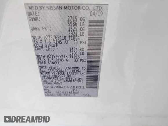 2019 Nissan Pathfinder Platinum с VIN 5N1DR2MN6KC628621, выставлен на аукционе IAAI как лот 42530318 с пробегом 118 661 миль миль и . История ставок и продаж доступна на DreamBid. Изображение 9.