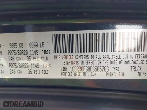 2015 Ram 1500 Tradesman with VIN 1C6RR6FG8FS565766, listed as a IAAI auction lot 42713872 with 188,477 mi miles and . Bid and sale history available at DreamBid. Image 9.