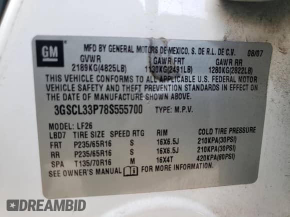 2008 Saturn VUE XE with VIN 3GSCL33P78S555700, listed as a Copart auction lot 69227364 with 188,735 mi miles and Non repairable. Bid and sale history available at DreamBid. Image 13.