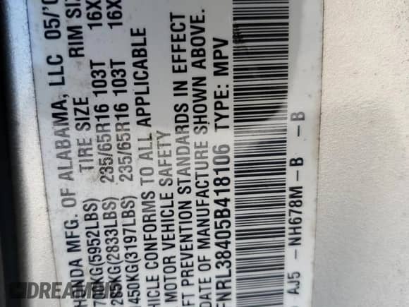 2005 Honda Odyssey EX z VIN 5FNRL38405B418106, wystawiony jako Copart lot #69424465 z przebiegiem 186 798 mil mil oraz Szkoda całkowita • Salvage title. Historia ofert i sprzedaży dostępna na DreamBid. Obrazek 13.