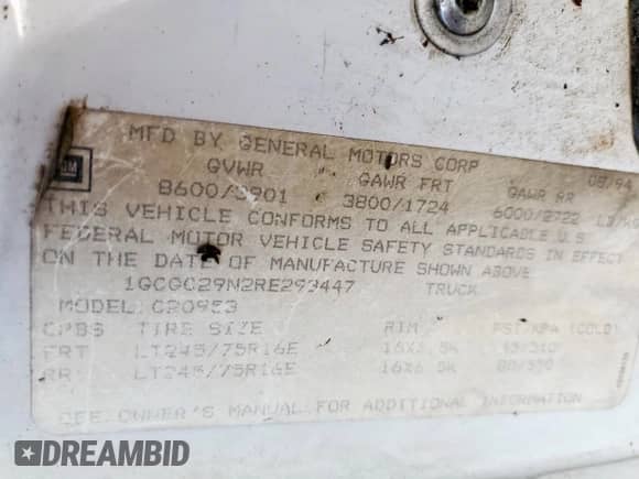 1994 Chevrolet Silverado 2500 с VIN 1GCGC29N2RE293447, выставлен на аукционе Copart как лот 61452565 с пробегом 271 637 миль миль и Чистый • Clean title. История ставок и продаж доступна на DreamBid. Изображение 12.