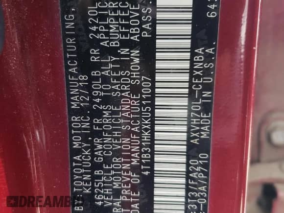 2019 Toyota Camry Hybrid LE с VIN 4T1B31HKXKU511007, выставлен на аукционе Copart как лот 80327775 с пробегом 161 238 миль миль и Списание • Salvage title. История ставок и продаж доступна на DreamBid. Изображение 12.