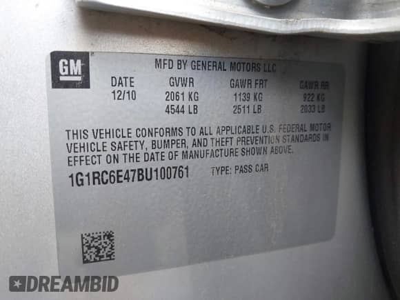 2011 Chevrolet Volt with VIN 1G1RC6E47BU100761, listed as a IAAI auction lot 42936006 with Not provided miles and . Bid and sale history available at DreamBid. Image 8.