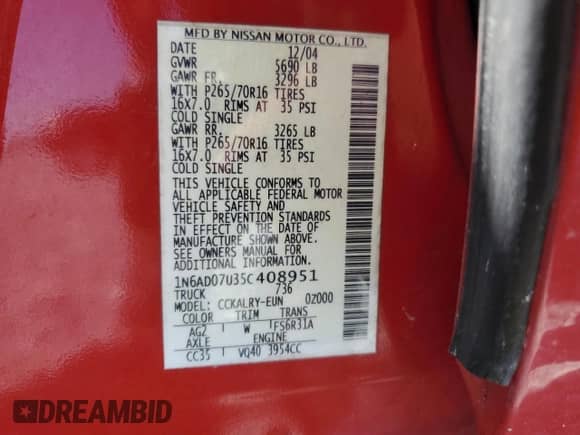 2005 Nissan Frontier SE с VIN 1N6AD07U35C408951, выставлен на аукционе Copart как лот 69278435 с пробегом 191 323 миль миль и Чистый • Clean title. История ставок и продаж доступна на DreamBid. Изображение 12.