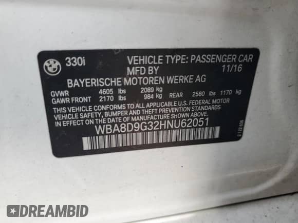 2017 BMW 3 Series 330i xDrive with VIN WBA8D9G32HNU62051, listed as a Copart auction lot 67529565 with 72,485 mi miles and Non repairable. Bid and sale history available at DreamBid. Image 12.