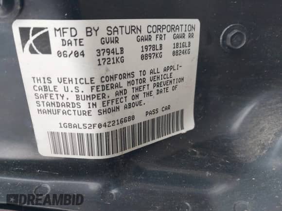 2004 Saturn ION ION 3 с VIN 1G8AL52F04Z216680, выставлен на аукционе IAAI как лот 42866095 с пробегом 9 180 миль миль и . История ставок и продаж доступна на DreamBid. Изображение 9.