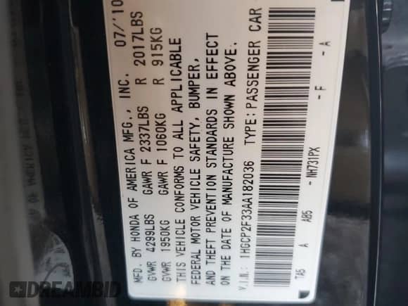 2010 Honda Accord LX с VIN 1HGCP2F33AA182036, выставлен на аукционе Copart как лот 71813175 с пробегом 204 116 миль миль и Списание • Salvage title. История ставок и продаж доступна на DreamBid. Изображение 12.