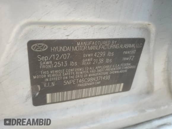 2008 Hyundai Sonata GLS with VIN 5NPET46C98H371498, listed as a Copart auction lot 51539855 with 119,299 mi miles and Salvage title. Bid and sale history available at DreamBid. Image 14.