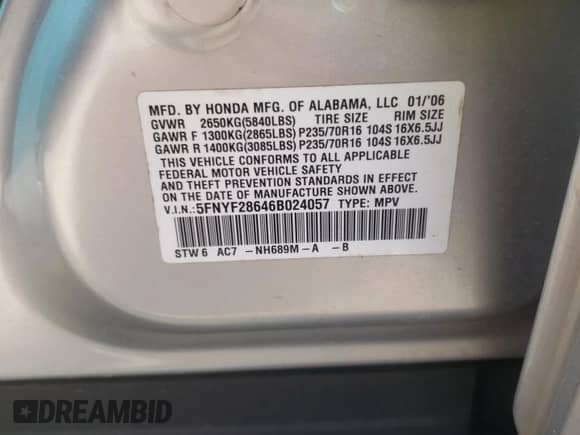 2006 Honda Pilot EX-L с VIN 5FNYF28646B024057, выставлен на аукционе Copart как лот 70296215 с пробегом 134 283 миль миль и Списание • Salvage title. История ставок и продаж доступна на DreamBid. Изображение 13.