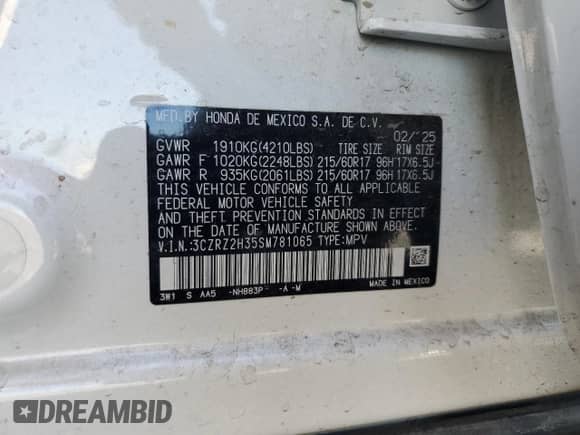 2025 Honda HR-V LX с VIN 3CZRZ2H35SM781065, выставлен на аукционе Copart как лот 65056785 с пробегом Не указан миль и Списание • Salvage title. История ставок и продаж доступна на DreamBid. Изображение 13.