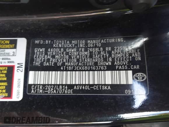 2011 Toyota Camry LE with VIN 4T1BF3EK6BU163763, listed as a IAAI auction lot 43135372 with 157,055 mi miles and . Bid and sale history available at DreamBid. Image 9.
